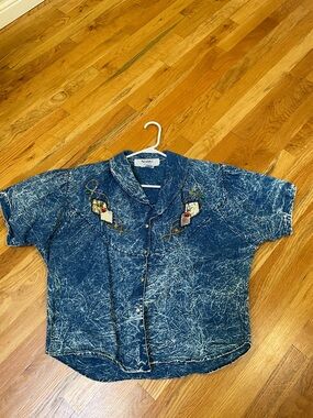 Status Vintage Jean Like Top with bugle beads, sequins and padded shoulders.